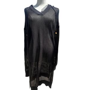 TAHARI HOODED CROCHET NET SWIMSUIT COVERALL BLACK SZ M